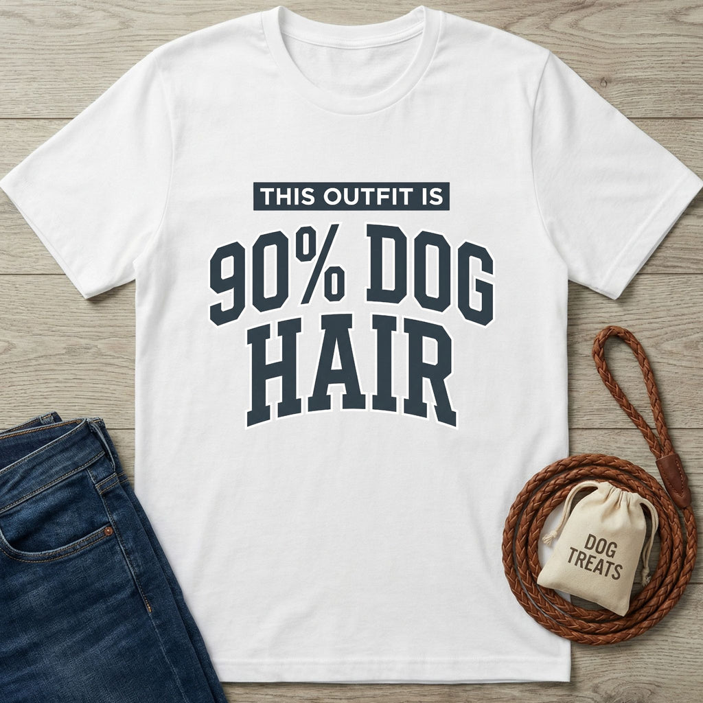 White cotton t-shirt with "THIS OUTFIT IS 90% DOG HAIR" in navy varsity font, next to jeans and a leash.