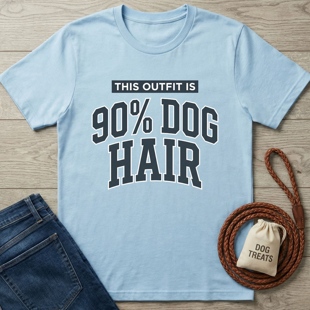 Light blue cotton t-shirt with "THIS OUTFIT IS 90% DOG HAIR" in dark blue varsity font.