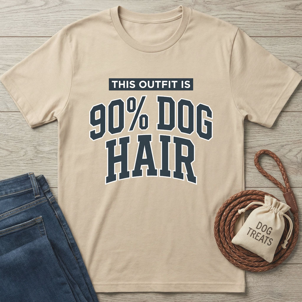 Beige cotton t-shirt with "THIS OUTFIT IS 90% DOG HAIR" in navy varsity font, next to jeans and dog treats.