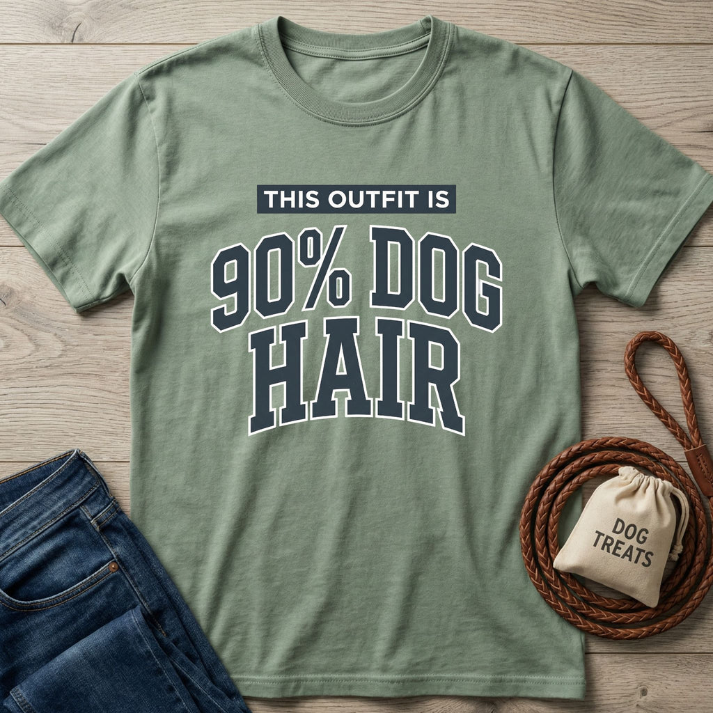 Green crewneck t-shirt with "THIS OUTFIT IS 90% DOG HAIR" text, next to jeans and dog accessories.