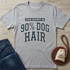Gray cotton t-shirt with "THIS OUTFIT IS 90% DOG HAIR" in varsity-style text, next to jeans and dog treats.