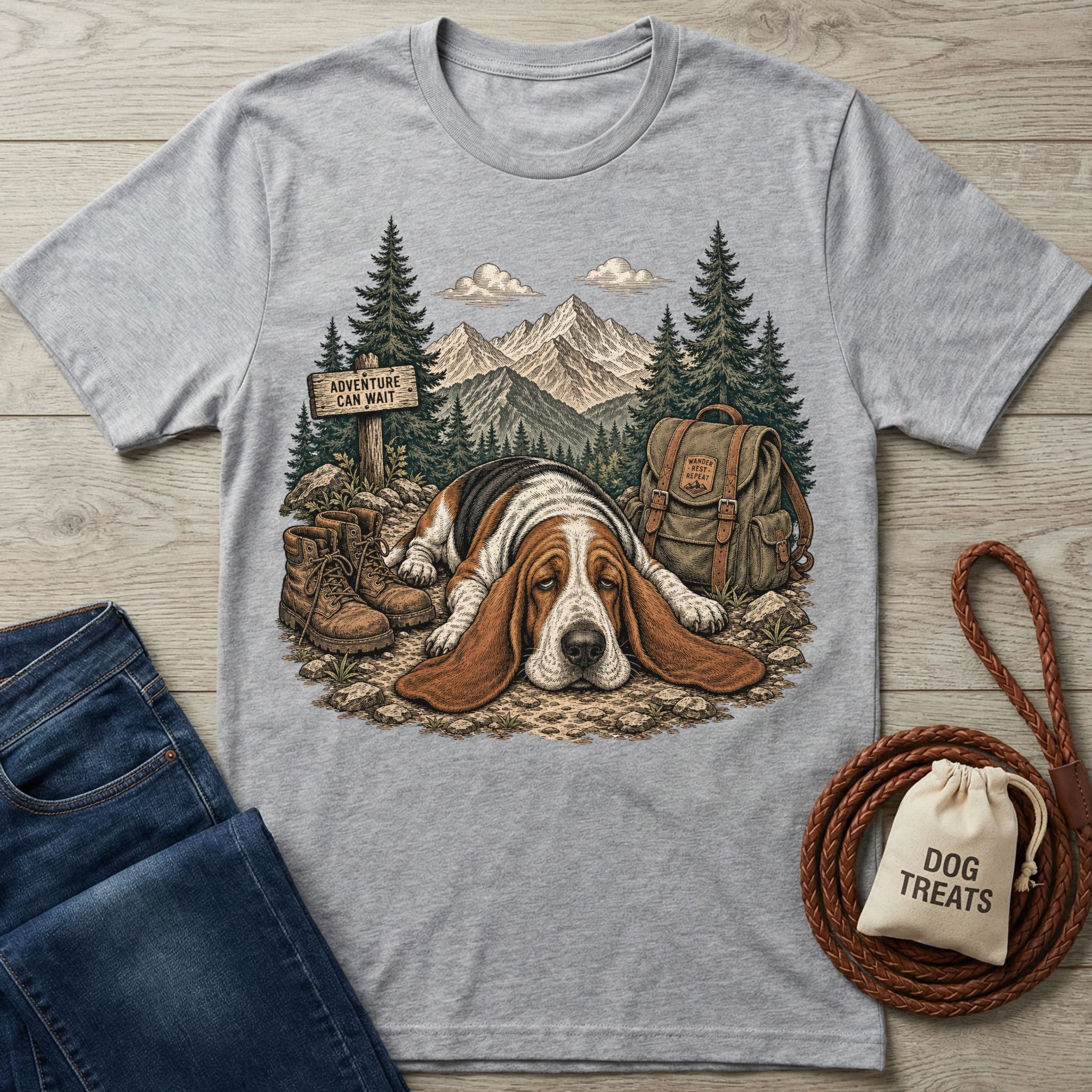 Grey crewneck t-shirt featuring a Basset Hound resting on a trail with mountains, hiking boots, and a backpack graphic.