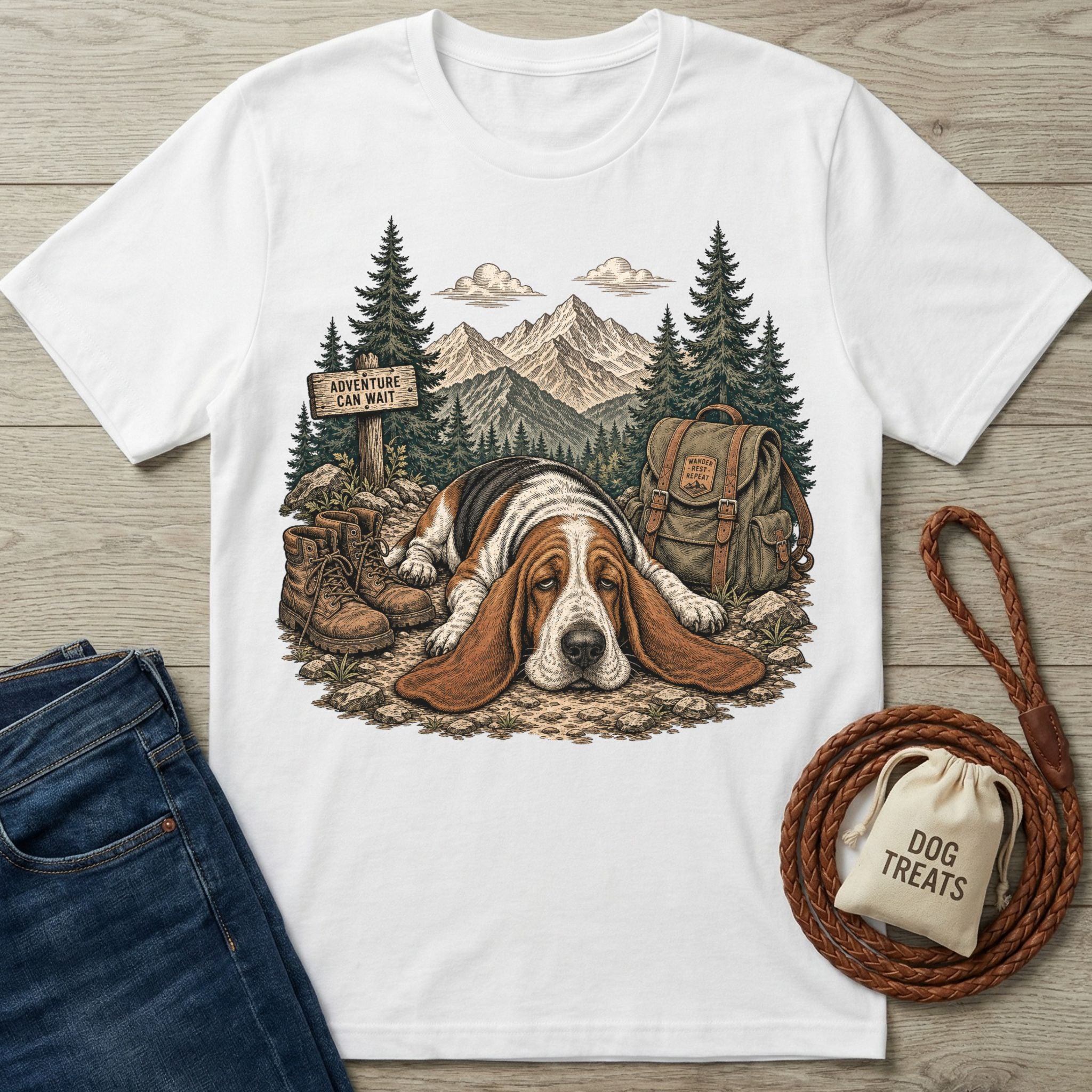 White cotton t-shirt featuring a Basset Hound resting on a trail with mountains, hiking boots, and a backpack graphic.