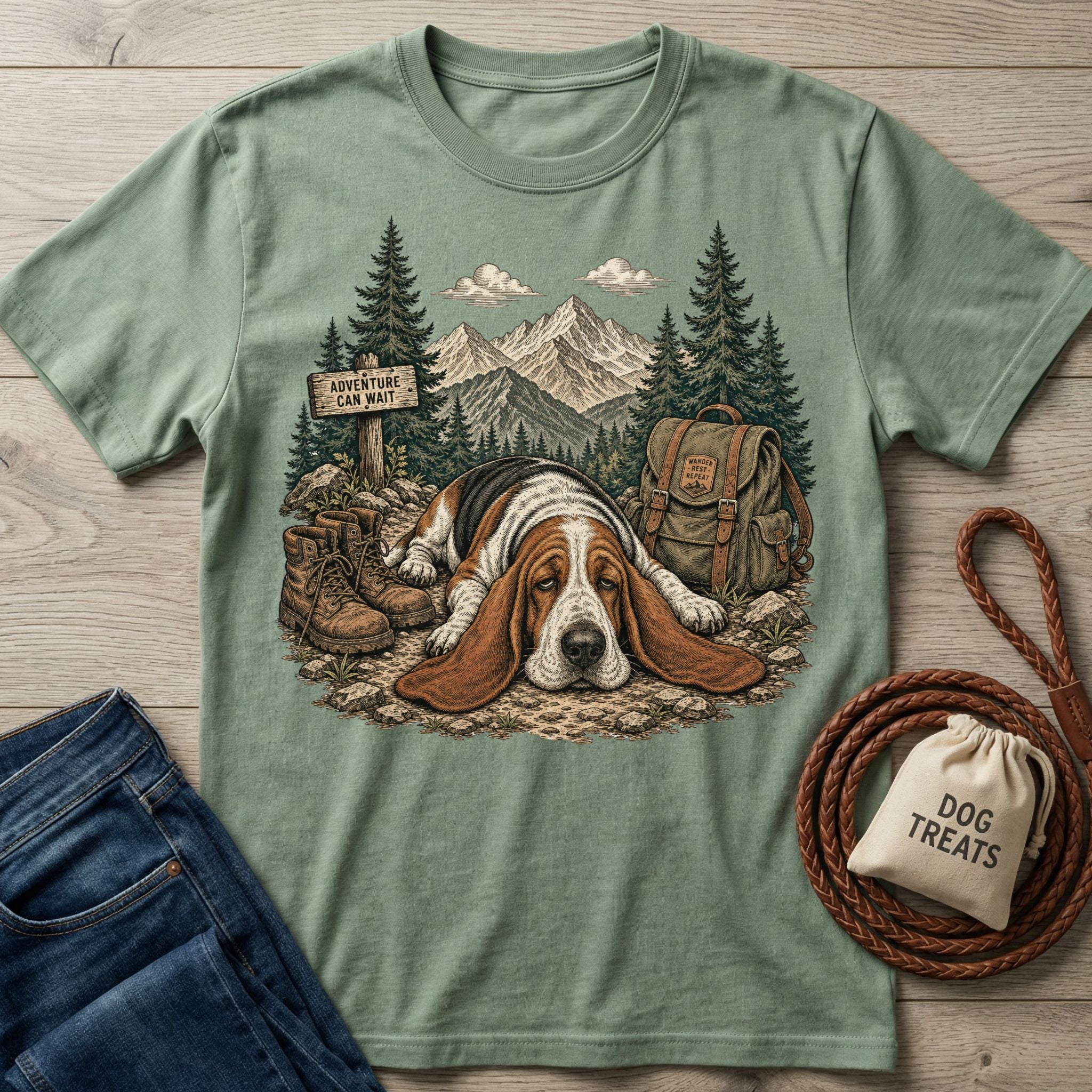 Sage green cotton t-shirt featuring a Basset Hound resting on a trail with mountains, hiking boots, and a backpack graphic.
