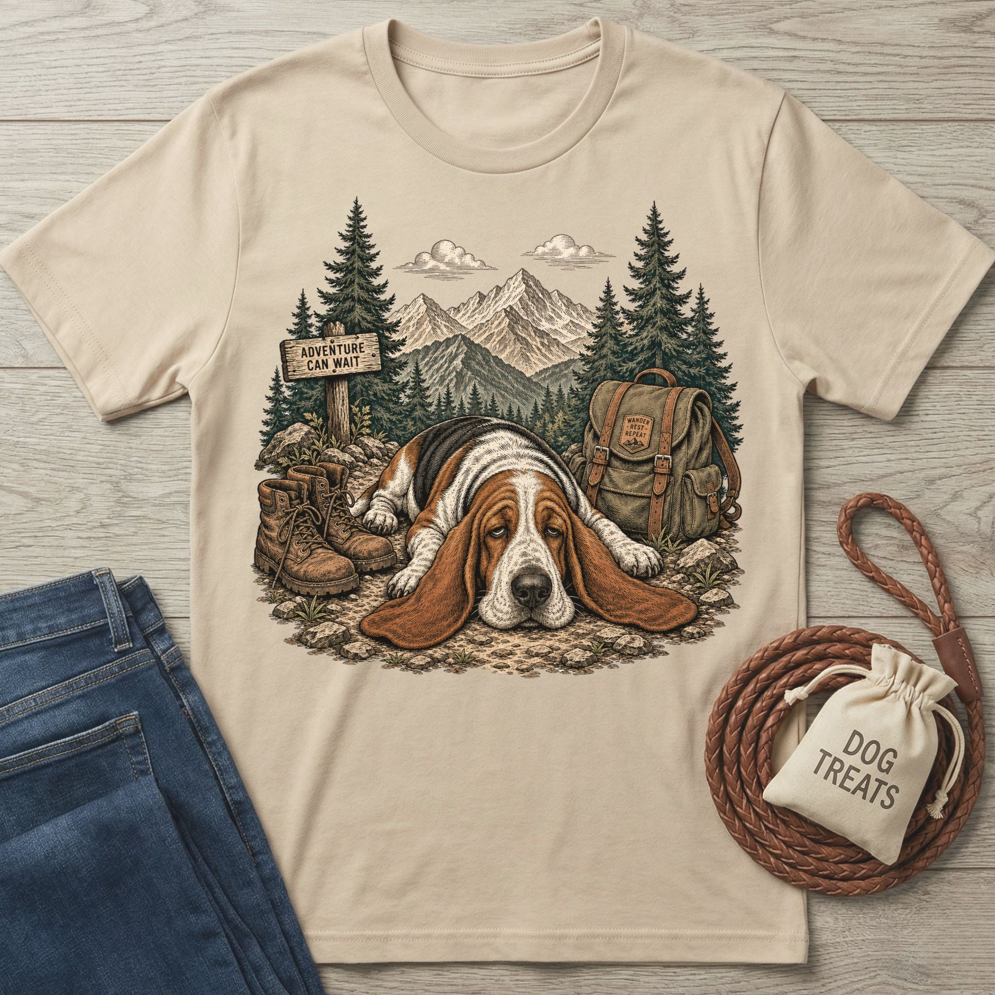 Beige crewneck t-shirt featuring a Basset Hound resting on a trail with mountains, hiking boots, and a backpack graphic.