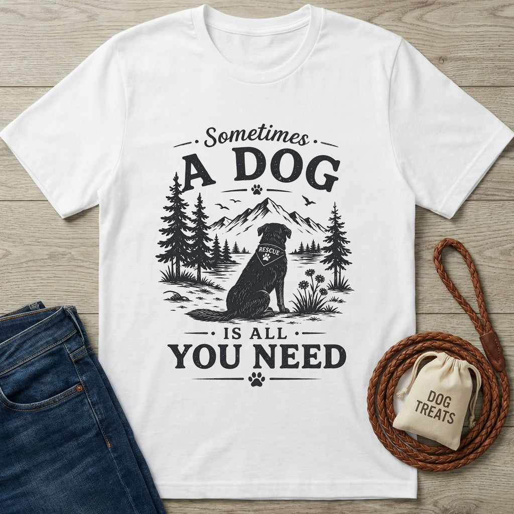 White Gildan Softstyle® t-shirt with a black graphic of a rescue dog, mountains, and trees.