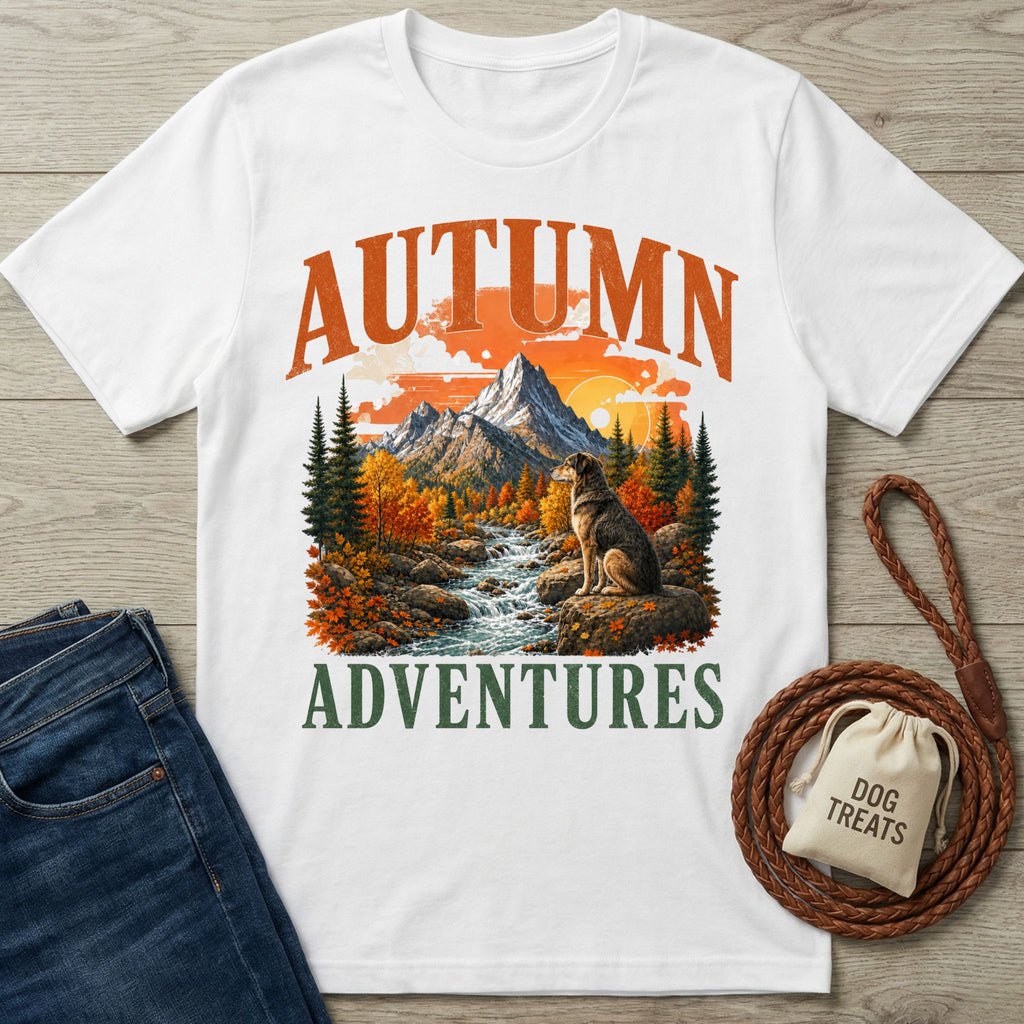 White crewneck t-shirt featuring a mountain, river, and dog graphic with Autumn Adventures text.