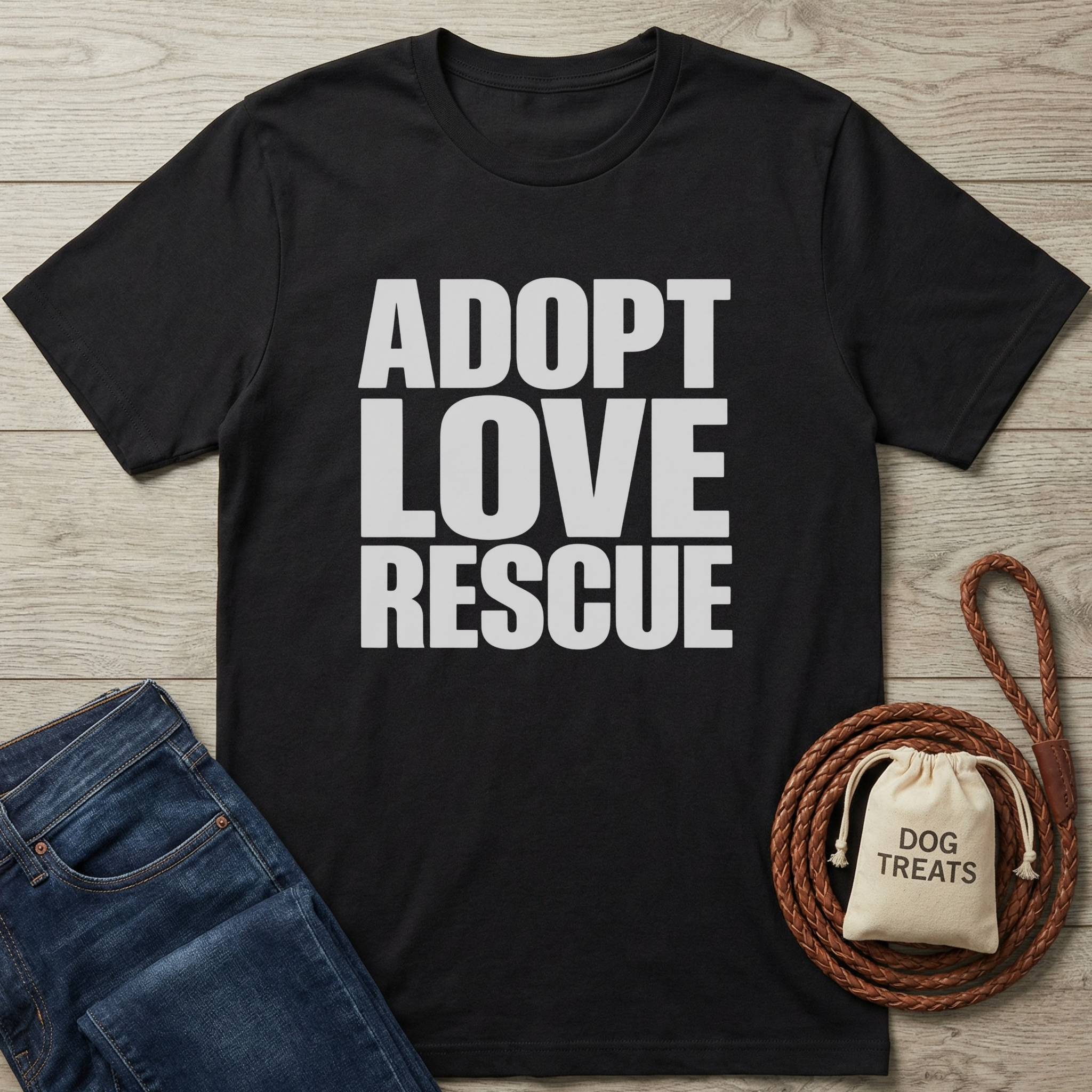 Black cotton t-shirt with "ADOPT LOVE RESCUE" in white text, next to jeans and dog accessories.