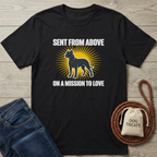 Black cotton t-shirt with "Sent From Above On A Mission To Love" text and a pit bull graphic on a yellow sunburst.