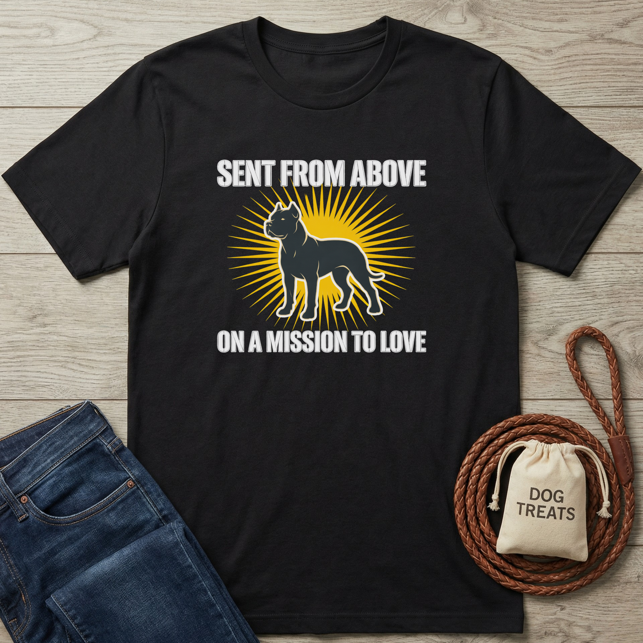 Black cotton t-shirt with "Sent From Above On A Mission To Love" text and a pit bull graphic on a yellow sunburst.