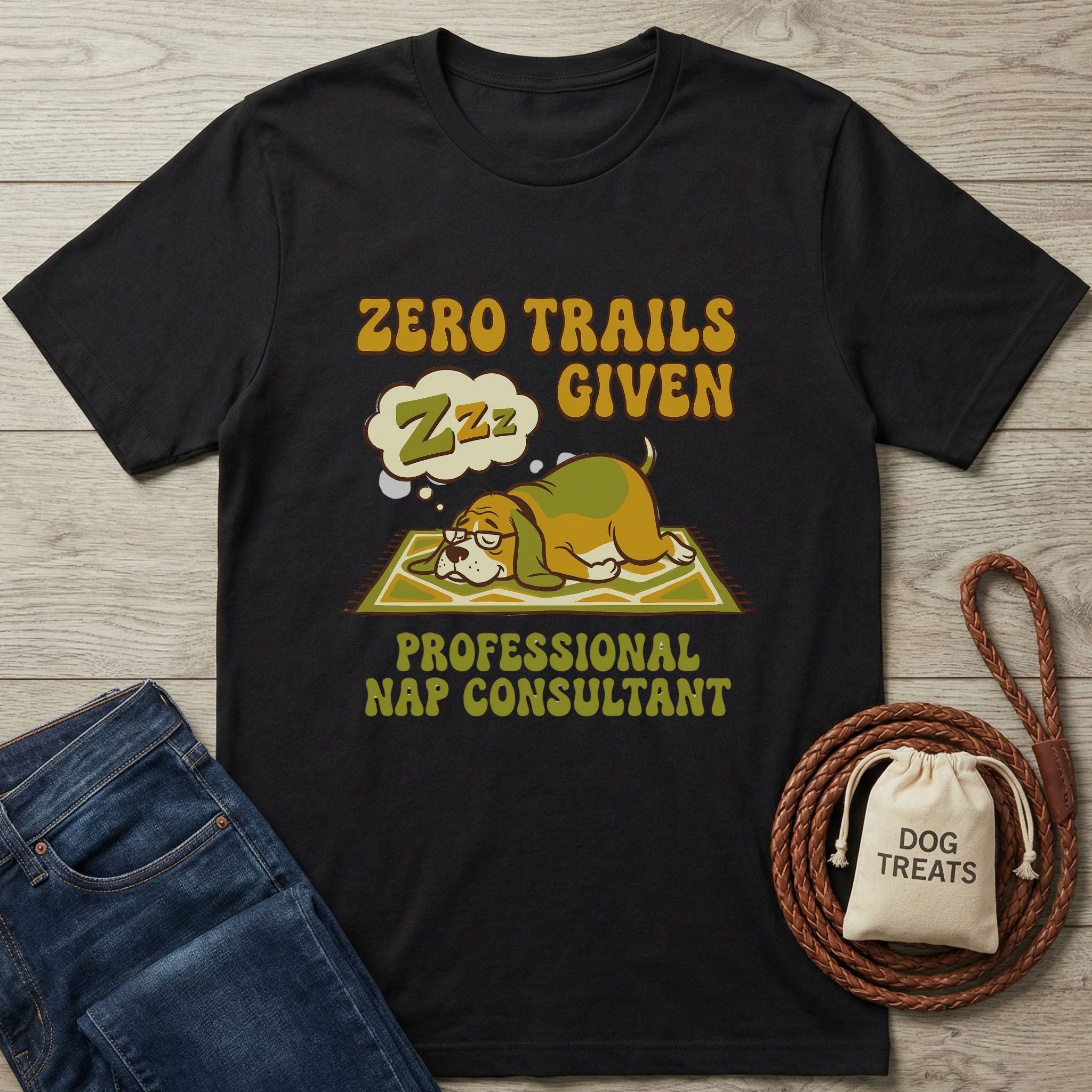 Black Gildan Softstyle t-shirt with "Zero Trails Given" and a sleeping dog graphic.