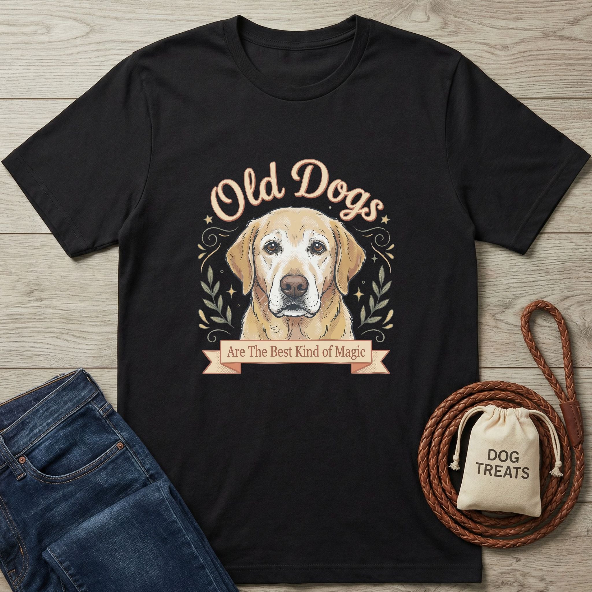 Black Gildan Softstyle t-shirt with "Old Dogs Are The Best Kind of Magic" text and a Labrador graphic.