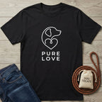 Black Gildan Softstyle® 64000 tee with "Pure Love" and dog outline design, next to jeans and dog treats.