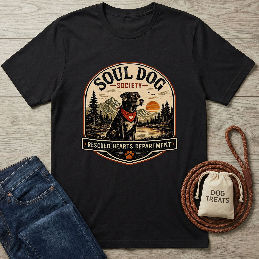 Black cotton "Rescued Hearts Dept" t-shirt featuring a dog in a red bandana by a lake at sunset.