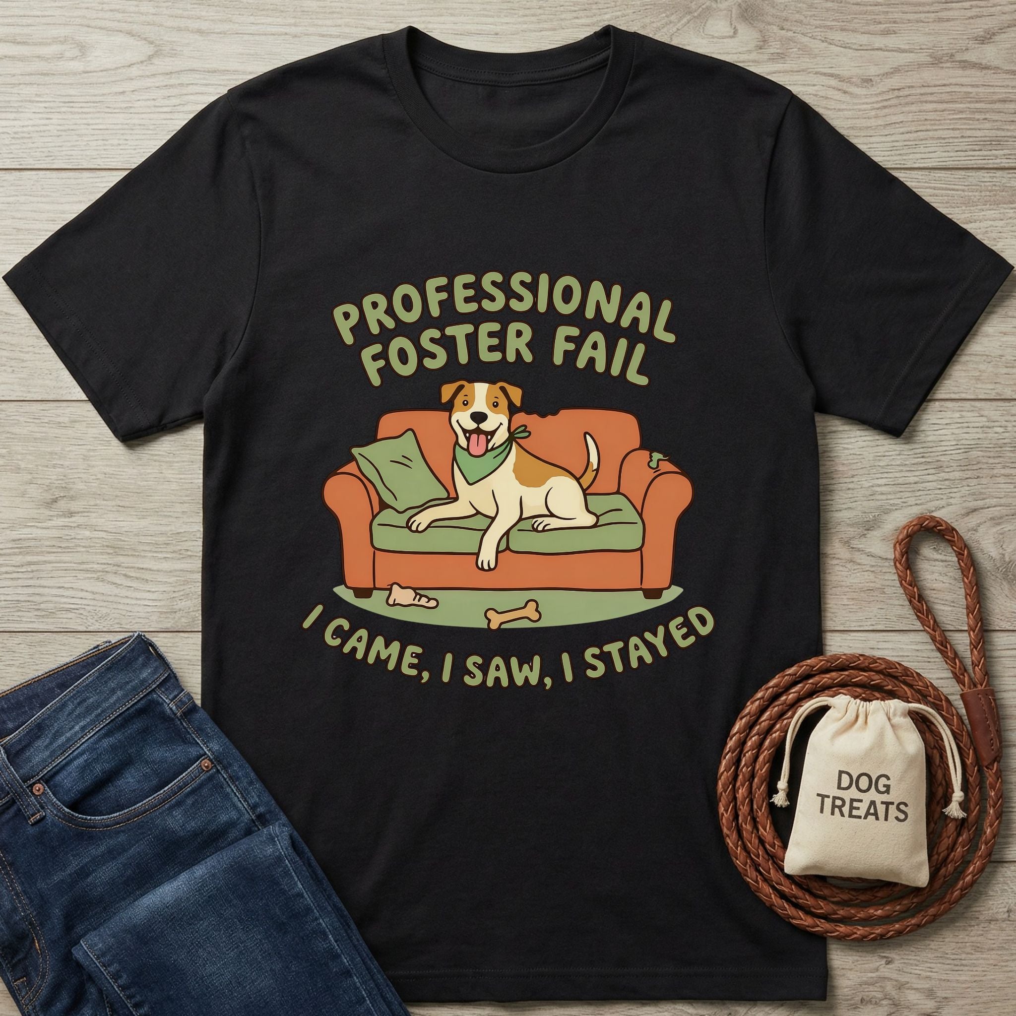 Black Gildan Softstyle® t-shirt with "Professional Foster Fail" text and a dog on a couch design.