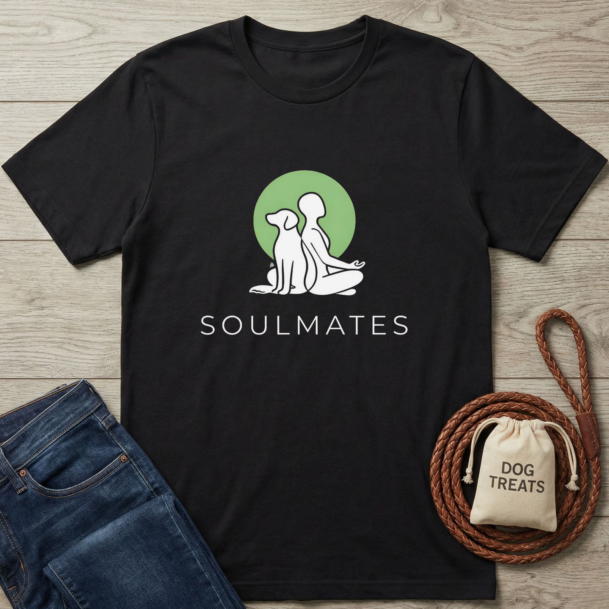 Black Gildan Softstyle® cotton tee with a green "Soulmates" dog and person design, next to jeans and dog treats.