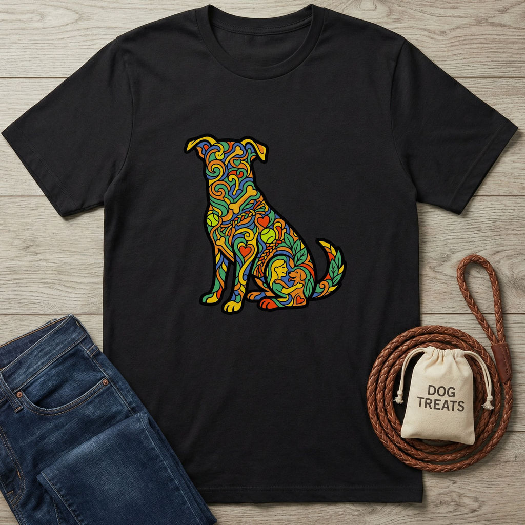 Black "Love In Color" t-shirt with a vibrant, colorful, psychedelic dog design, next to jeans and dog treats.