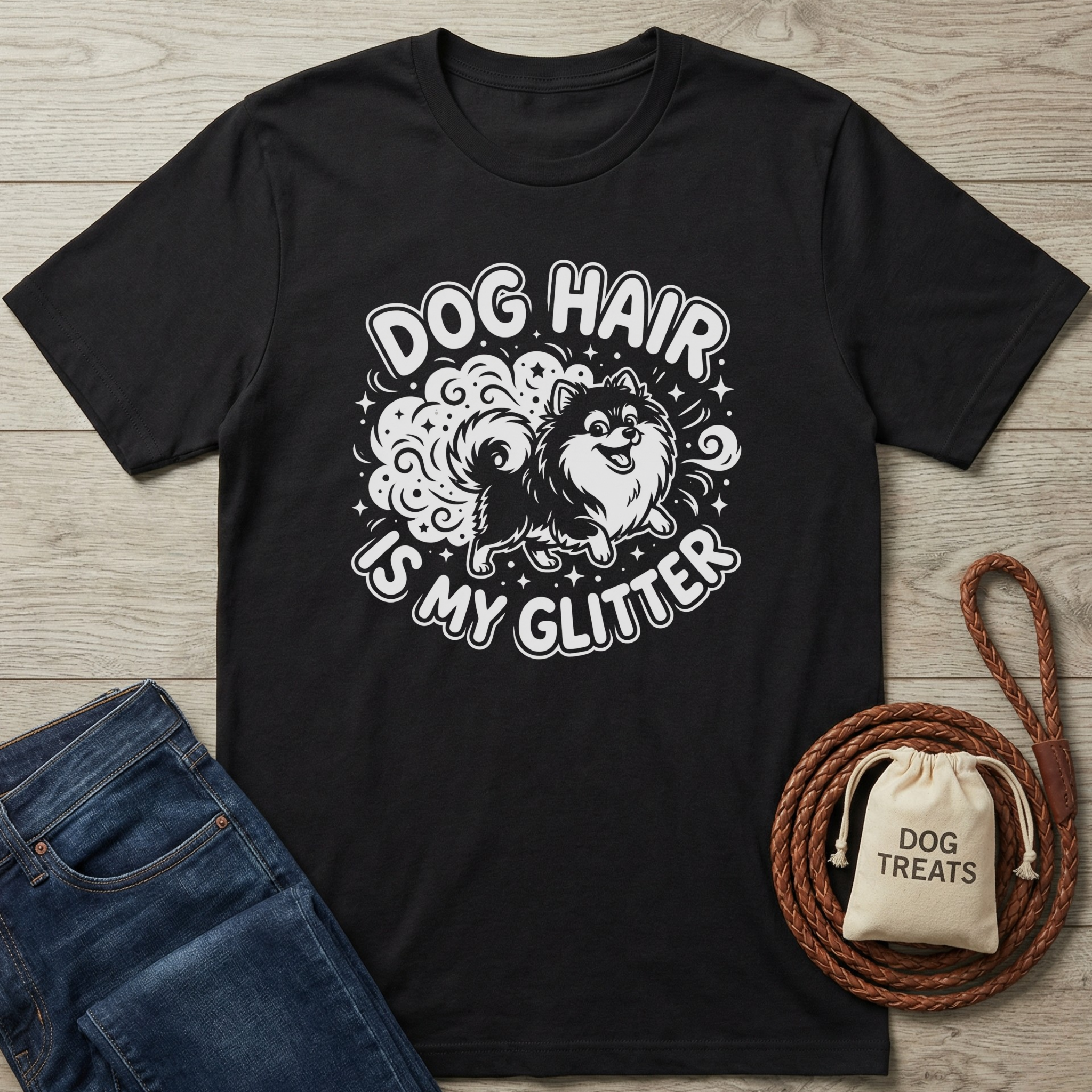 Black cotton t-shirt with "Dog Hair Is My Glitter" text and a cute Pomeranian graphic.