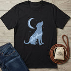 Black t-shirt with a blue moon and dog silhouette filled with mountain scenery.