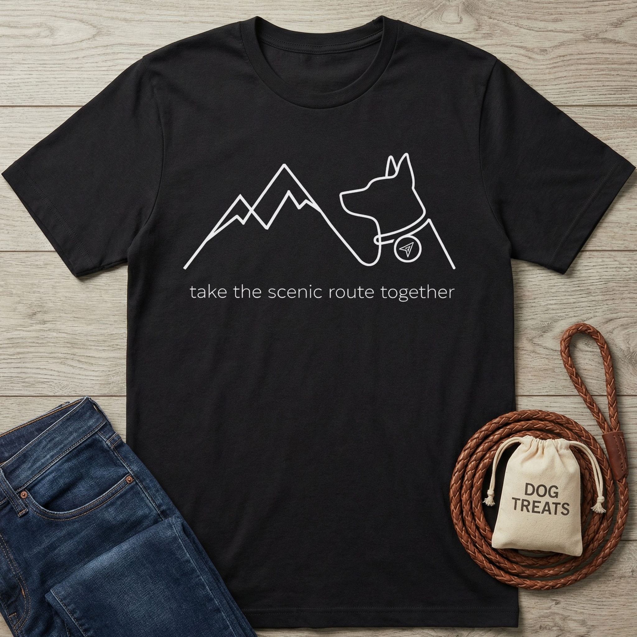 Black cotton t-shirt with white outline of mountains, a dog, and "take the scenic route together" text.