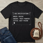 Black cotton t-shirt with "Dog Specifications" text, jeans, and a dog treat bag.
