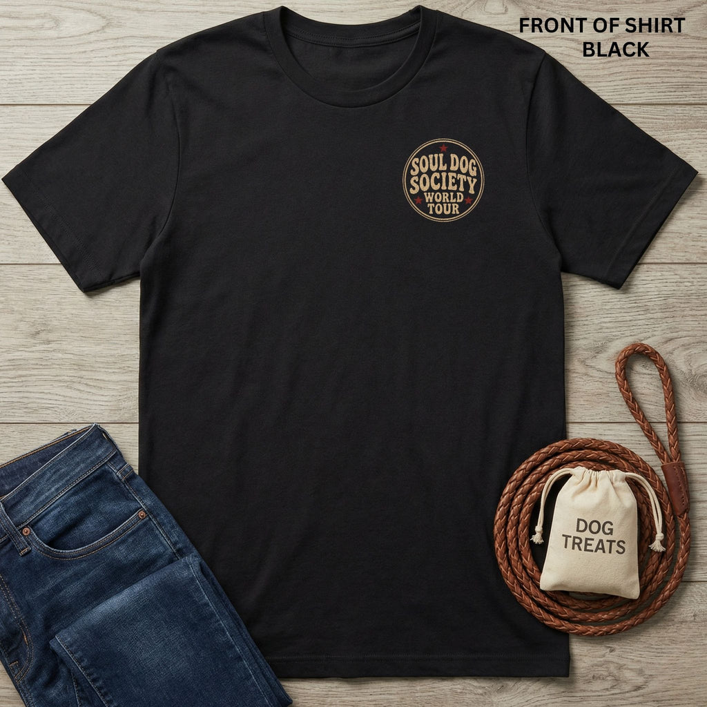 Black Soul Dog World Tour T-shirt with a small chest logo, paired with blue jeans and dog accessories.