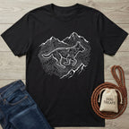 Black Gildan Softstyle® t-shirt with white contour line design of a running dog and mountains.