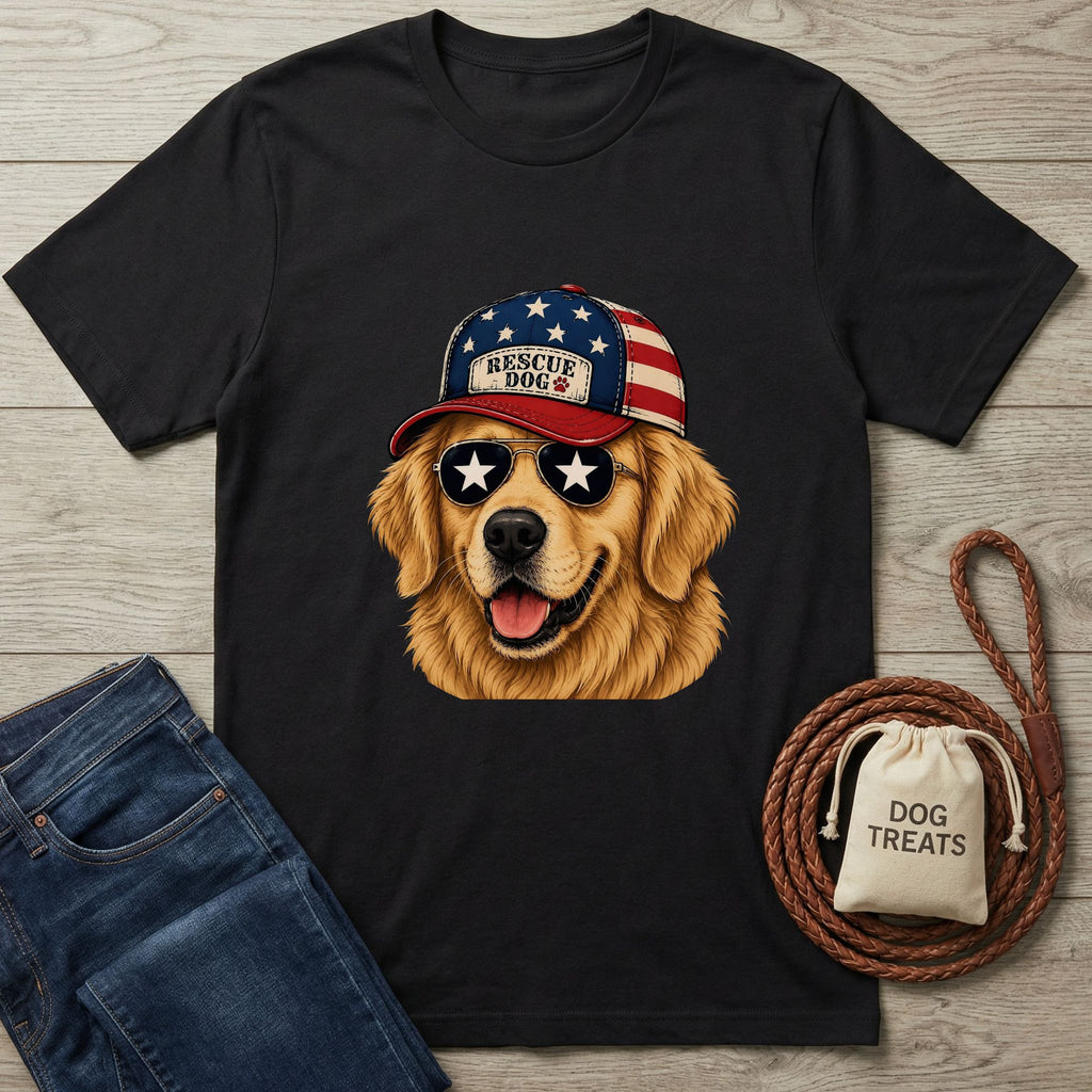 Black t-shirt with a dog wearing an American flag cap, sunglasses, and a 'Rescue Dog' text. Jeans and a dog treat bag are also shown.