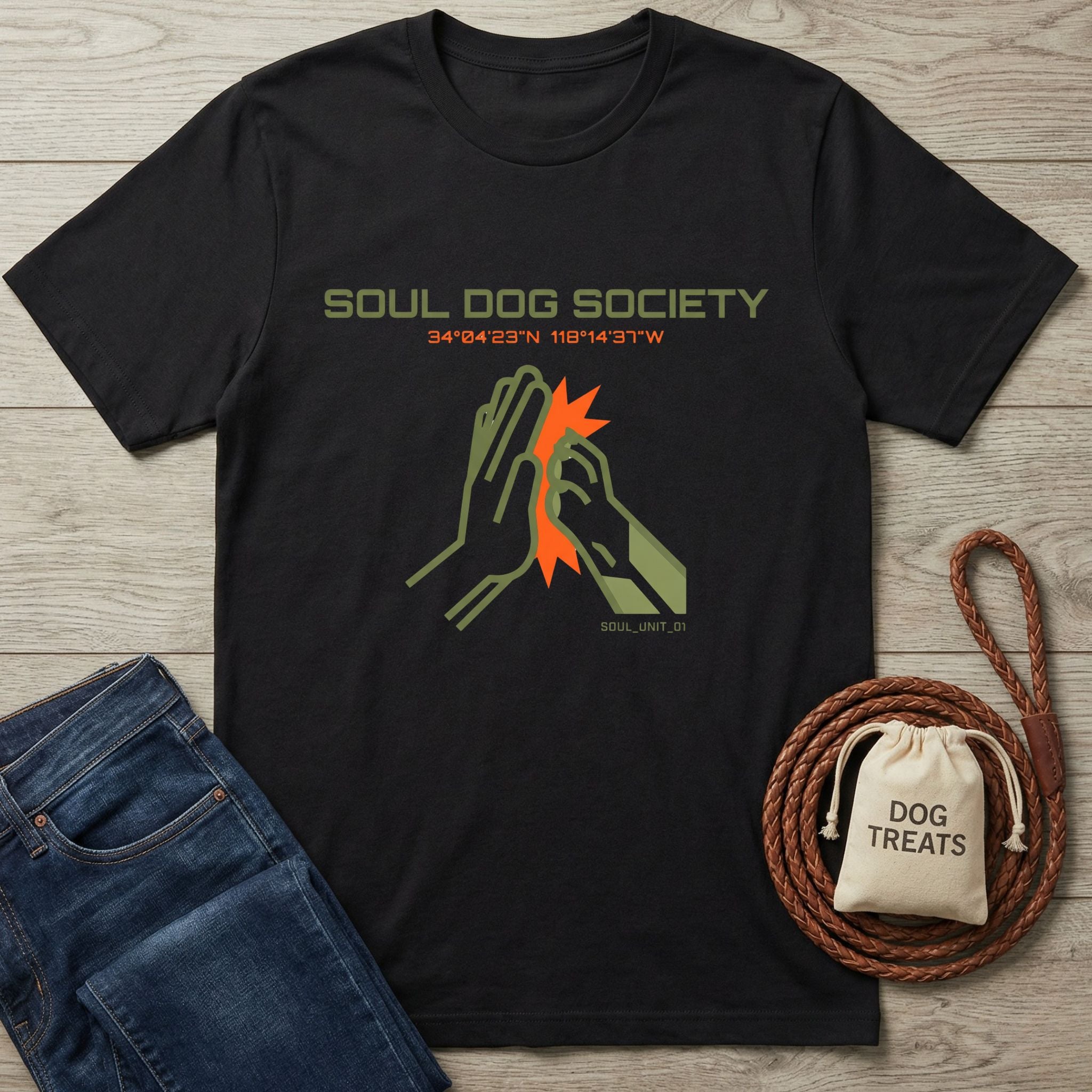 Black Soul Unit T-Shirt with "Soul Dog Society" text and a green high-five graphic.