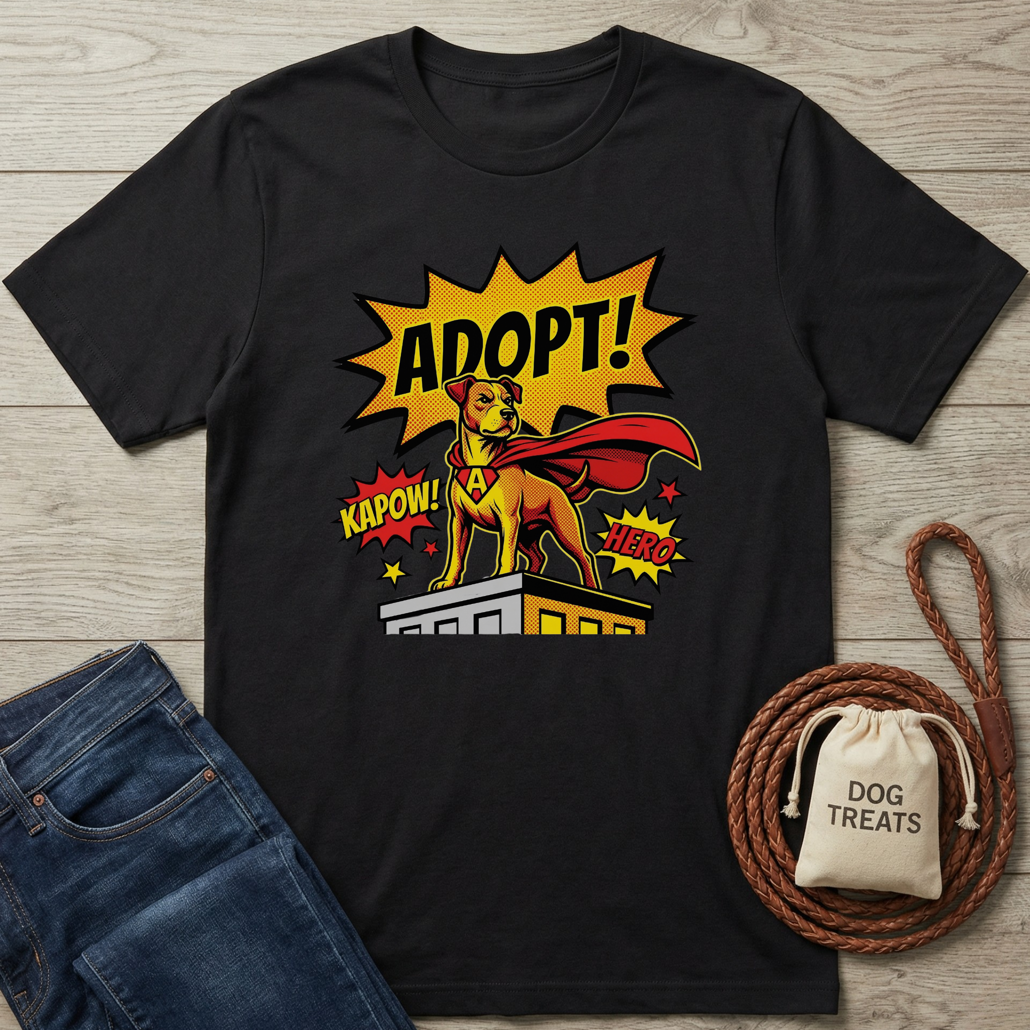 Black cotton t-shirt with a colorful comic-style "Adopt!" superhero dog graphic.
