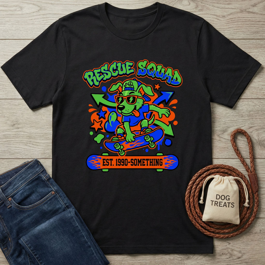 Black cotton t-shirt with a vibrant 90s-style graphic of a dog skateboarding, "Rescue Squad" text.