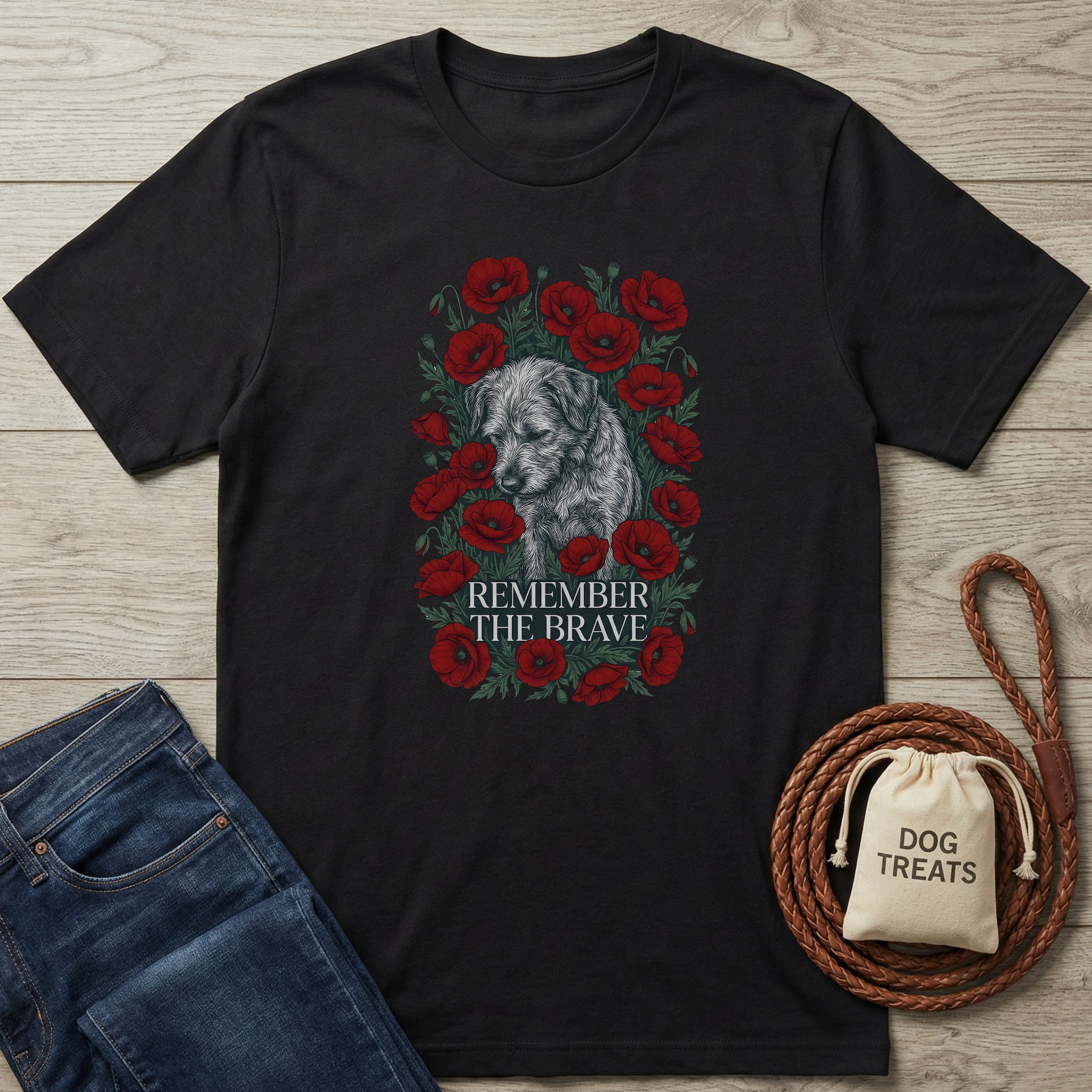 Black cotton t-shirt with a gray dog surrounded by red poppies and "REMEMBER THE BRAVE" text.