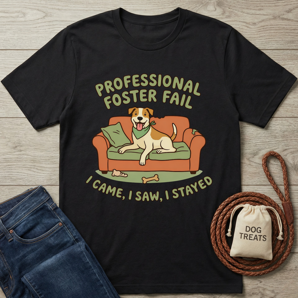 Black cotton t-shirt with "Professional Foster Fail I Came, I Saw, I Stayed" text and a dog on a couch graphic.