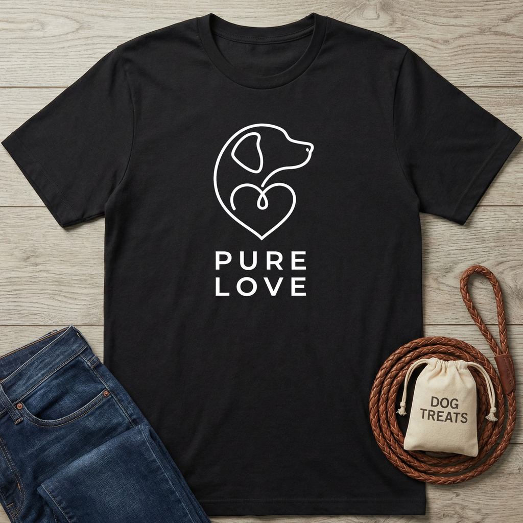 Black cotton Pure Love T-shirt with white dog and heart logo, next to jeans and dog treats.