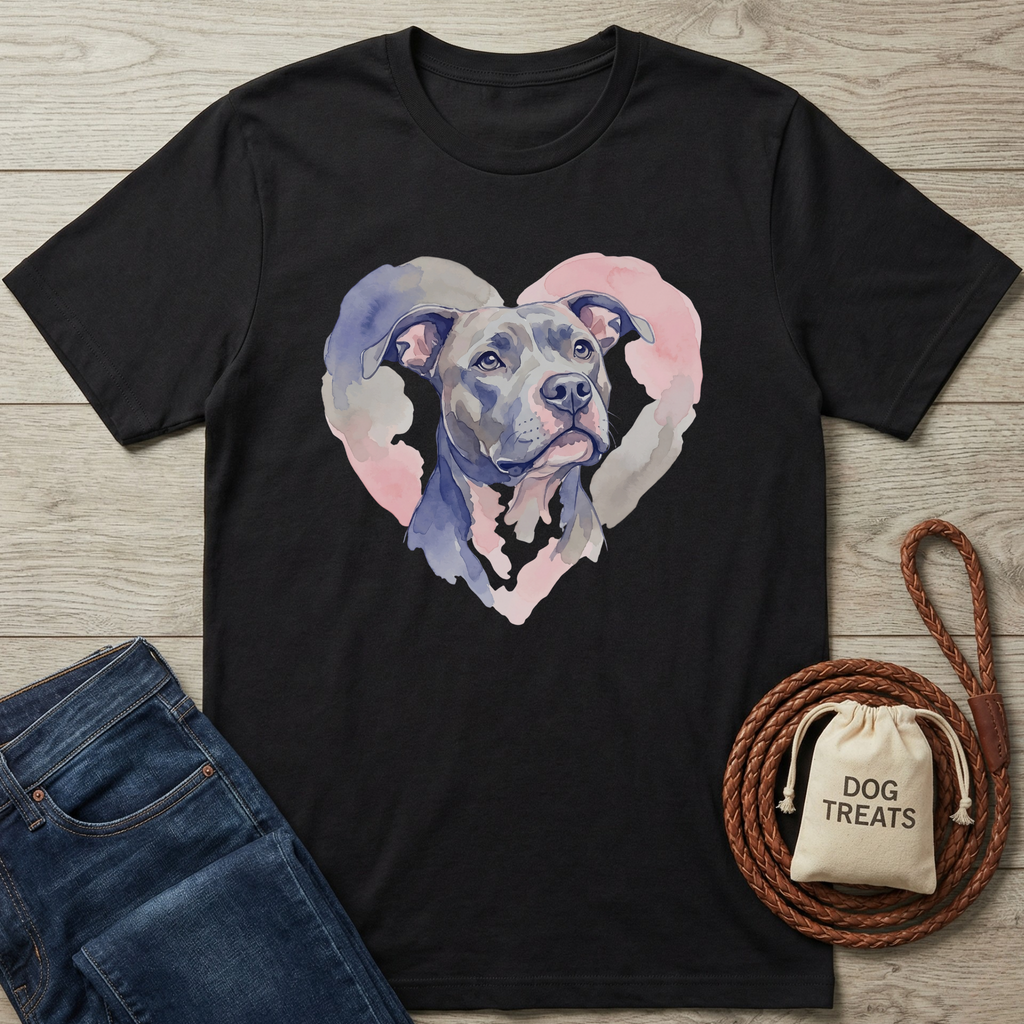 Black cotton t-shirt with a watercolor pitbull in a pink and blue heart design.