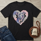 Black cotton t-shirt with a watercolor pitbull in a pink and blue heart design.
