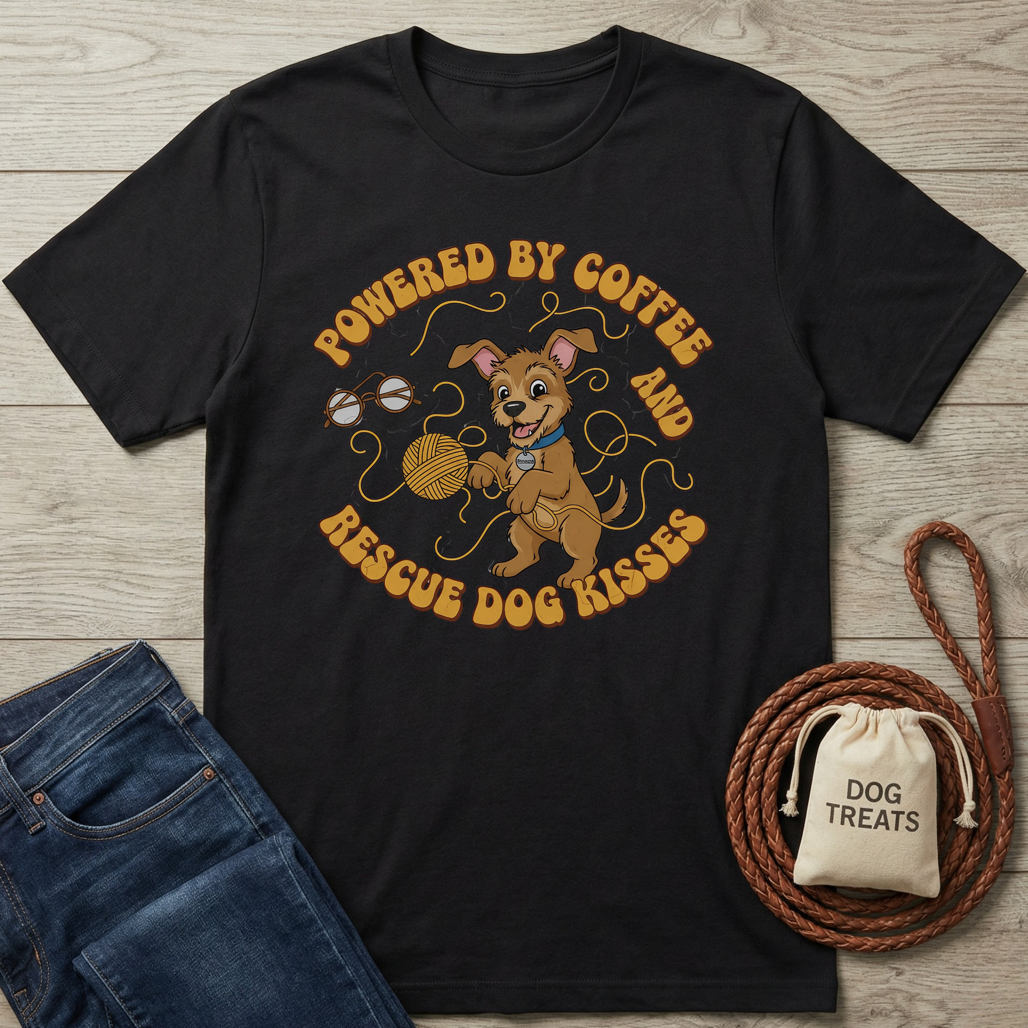 Black cotton t-shirt with "Powered by Coffee & Rescue Dog Kisses" graphic featuring a playful dog with yarn and glasses.