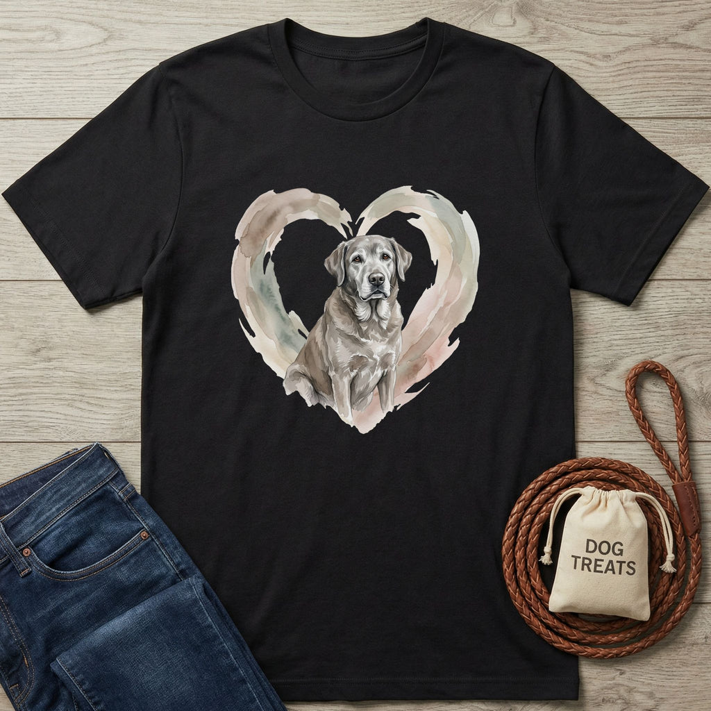 Black Senior Heart T-Shirt with a watercolor grey Labrador in a heart, paired with jeans and dog treats.