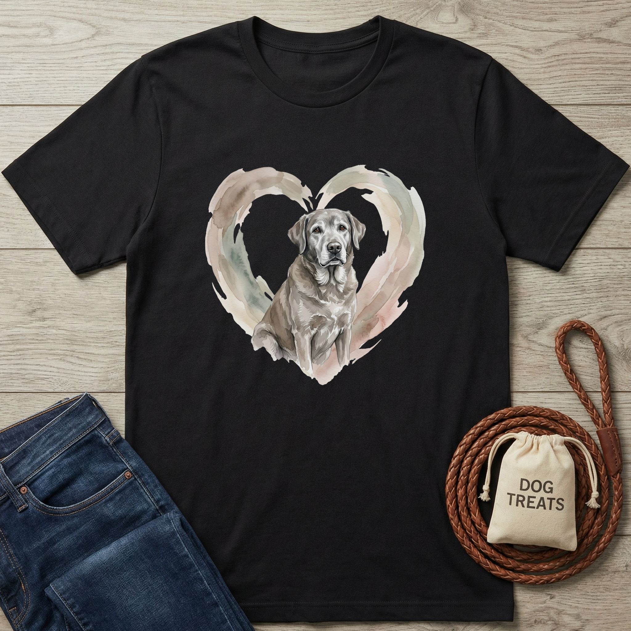 Black Senior Heart T-Shirt with a watercolor grey Labrador in a heart, paired with jeans and dog treats.
