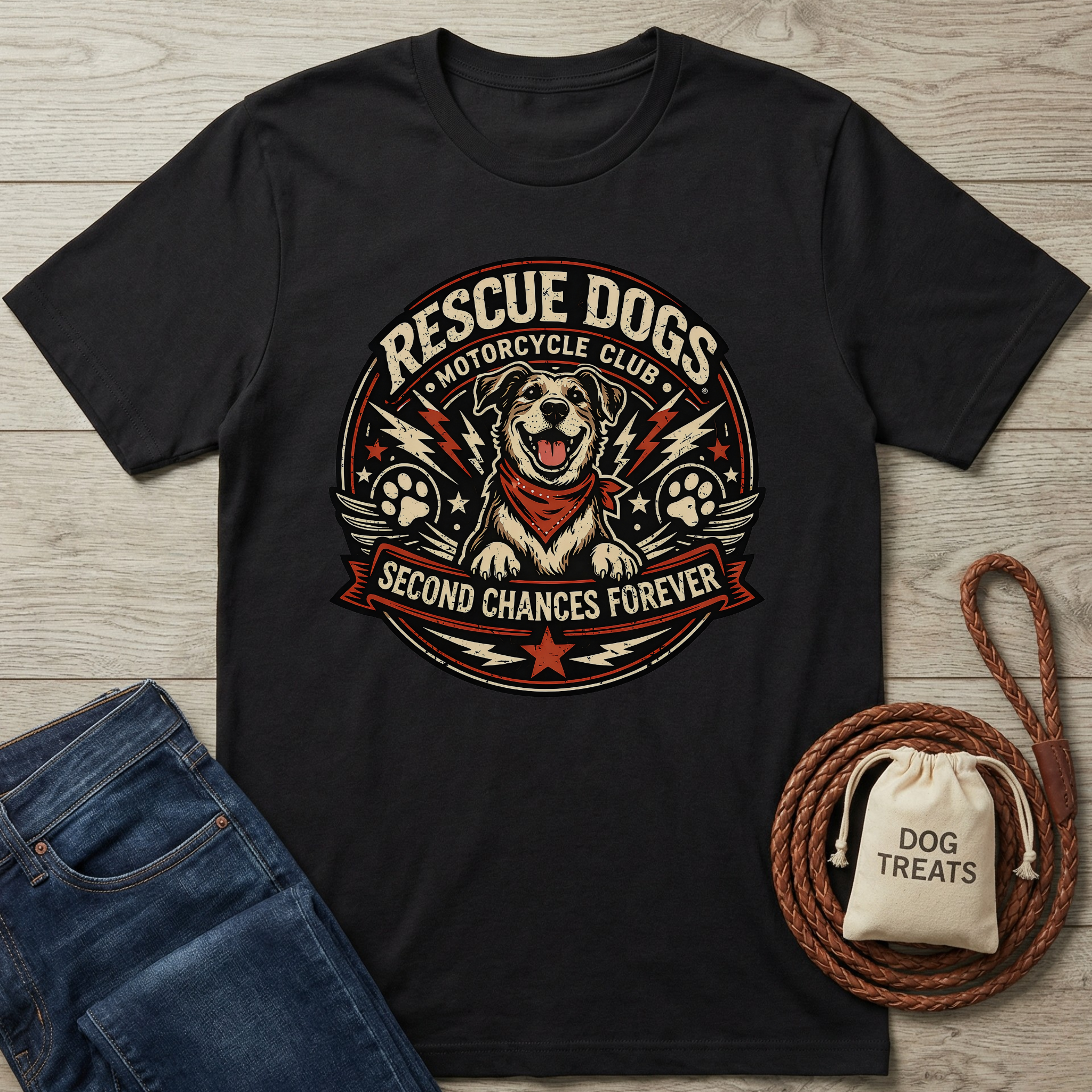 Black cotton t-shirt with "Rescue Dogs Motorcycle Club" graphic featuring a happy dog in a bandana.