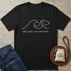 Black Gildan Softstyle® t-shirt with "salty paws rescued heart" and a dog/wave line art design.