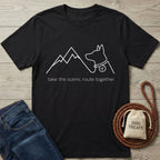 Black Gildan Softstyle t-shirt with white "take the scenic route together" text, mountain, and dog outline design.
