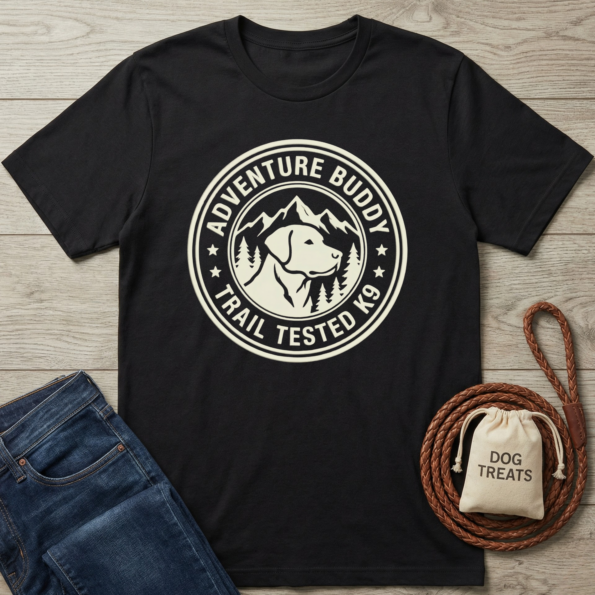 Black K9 t-shirt with "Adventure Buddy Trail Tested K9" graphic, next to jeans and dog treats.