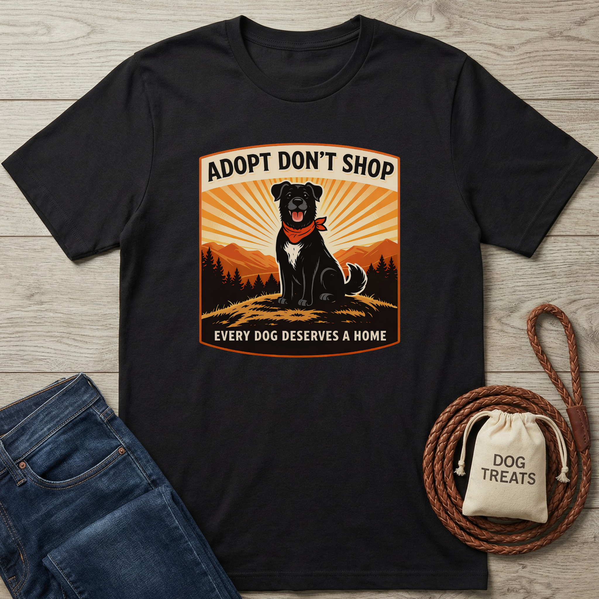 Black cotton t-shirt with "Adopt Don't Shop" graphic featuring a black dog wearing a red bandana.