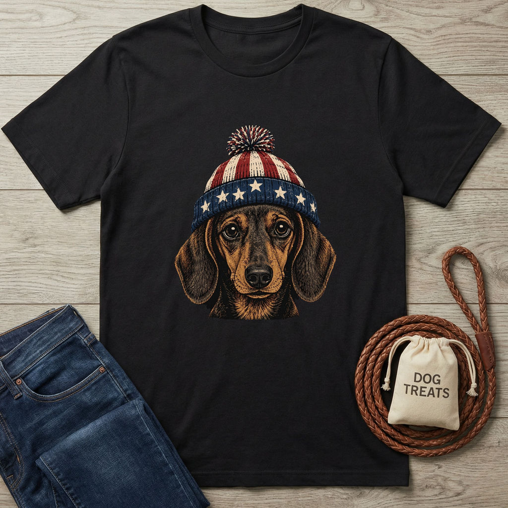 Black cotton t-shirt with a patriotic dachshund wearing a red, white, and blue star-spangled beanie.