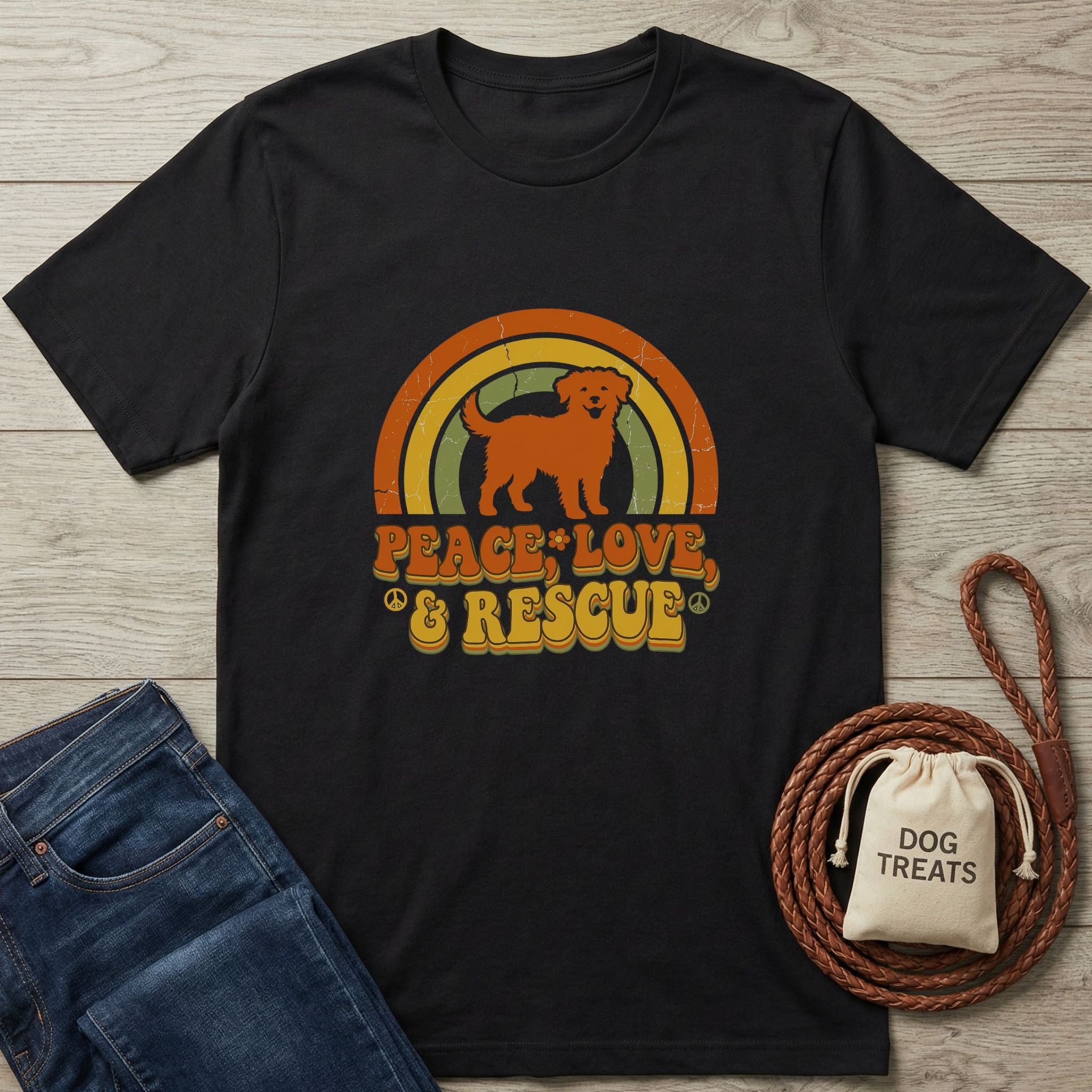 Black Gildan Softstyle® t-shirt with a retro "Peace Love & Rescue" dog and rainbow graphic.