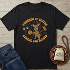 Black Gildan Softstyle t-shirt with "Powered by Coffee & Rescue Dog Kisses" design featuring a playful dog.