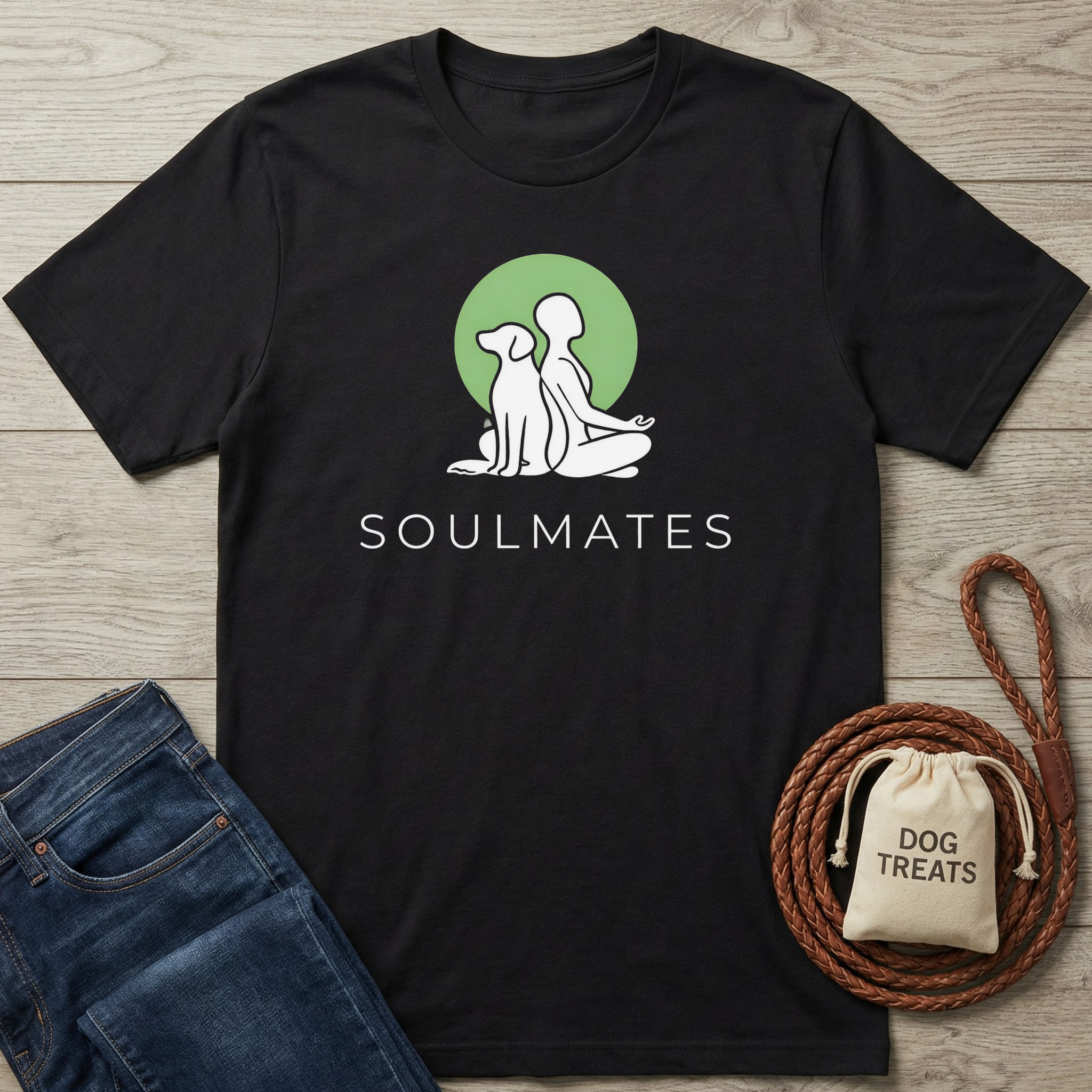 Black t-shirt with 'Soulmates' design on a wooden surface with jeans and dog treats bag.