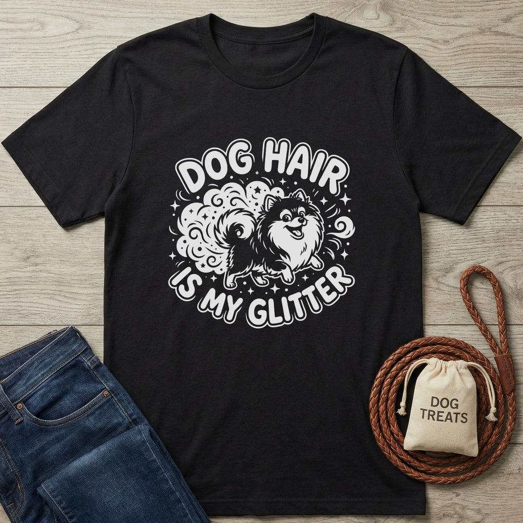 Black Gildan Softstyle® t-shirt with "Dog Hair Is My Glitter" text and a fluffy dog graphic.