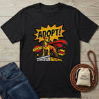 Black Gildan Softstyle t-shirt with a comic-style "Adopt!" superhero dog graphic, next to jeans and dog treats.